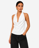 Sabrina Satin-Look Cowl Neck Halter Top - White