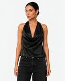 Sabrina Satin-Look Cowl Neck Halter Top in Black, product view 1