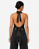 Sabrina Satin-Look Cowl Neck Halter Top in Black, product view 2
