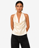 Sabrina Satin-Look Cowl Neck Halter Top in Champagne, product view 2
