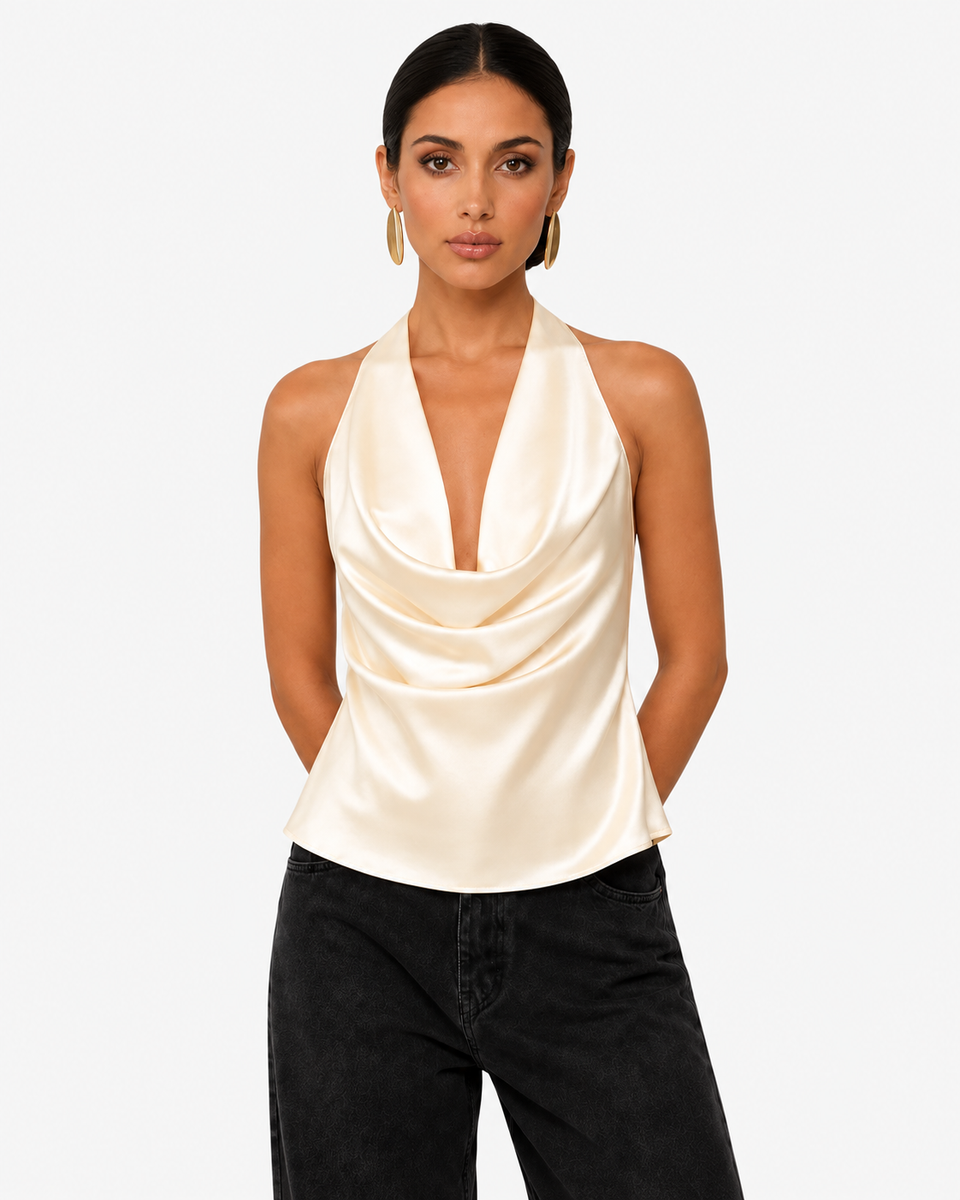 Sabrina Satin-Look Cowl Neck Halter Top in Champagne, product view 2