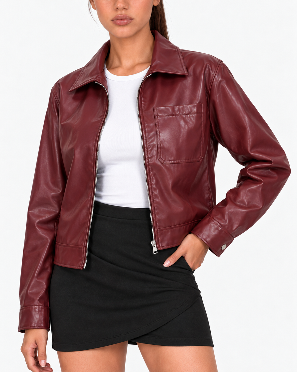 Close-up front view of the Solange red faux leather biker jacket