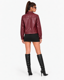 Back view of the Solange red faux leather biker jacket