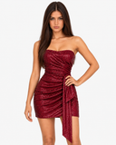 Solara Burgundy strapless sequin mini dress, closer front view of the neckline and gathered waist