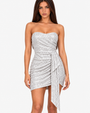 Solara Silver strapless sequin mini dress, closer view of the sequin bodice and side drape