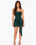 Solara Dark Green strapless sequin mini dress, front view of the gathered bodice and draped panel