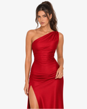 Solene Satin One Shoulder Maxi Dress - Burgundy