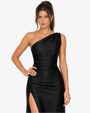 Solene Satin One Shoulder Maxi Dress - Black