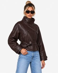 Front view of Veda dark brown faux leather jacket showing stand collar and tied waist