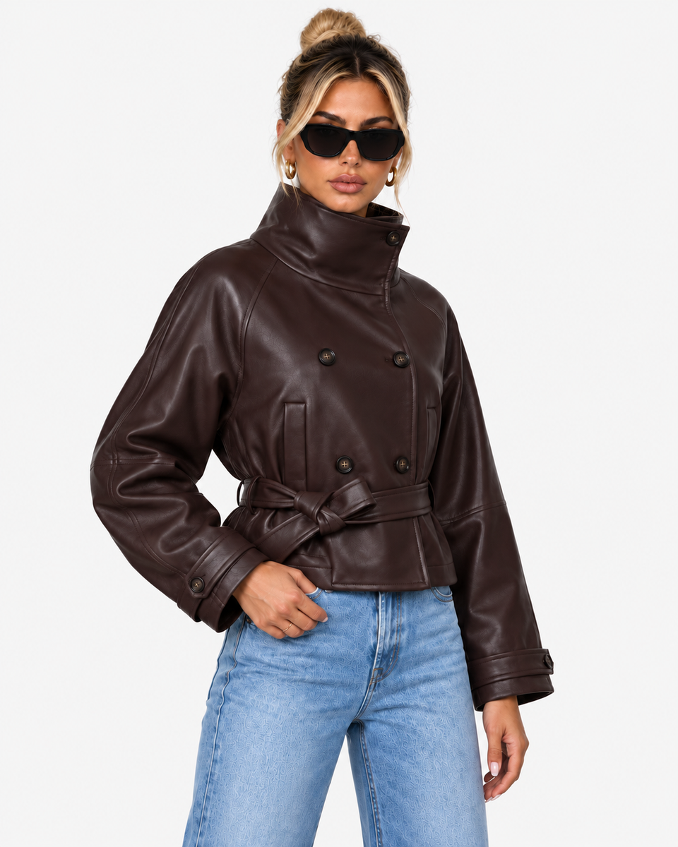 Front view of Veda dark brown faux leather jacket showing stand collar and tied waist