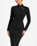 Adeline Stand-Collar Side-Lapel Dress in Black, product view 3