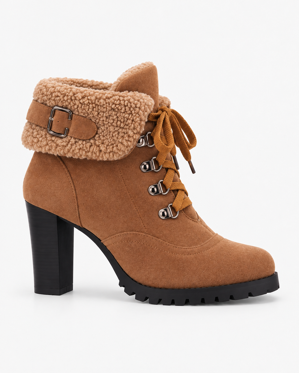 Romina light brown boots, side view showing the platform sole and lace-up front.