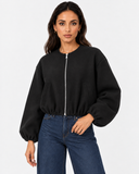 Aveline Black zip-up baseball jacket, front pose