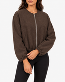 Aveline Brown zip-up baseball jacket, close-up of zip and cuff