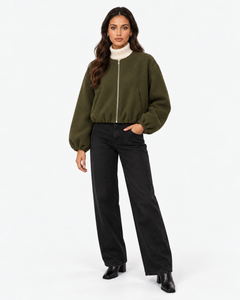 Aveline Army Green zip-up baseball jacket, front view