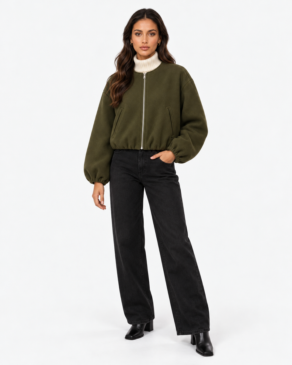 Aveline Army Green zip-up baseball jacket, front view