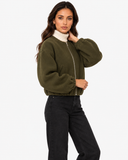 Aveline Army Green zip-up baseball jacket, three-quarter pose