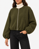 Aveline Army Green zip-up baseball jacket, close-up of zip and pockets