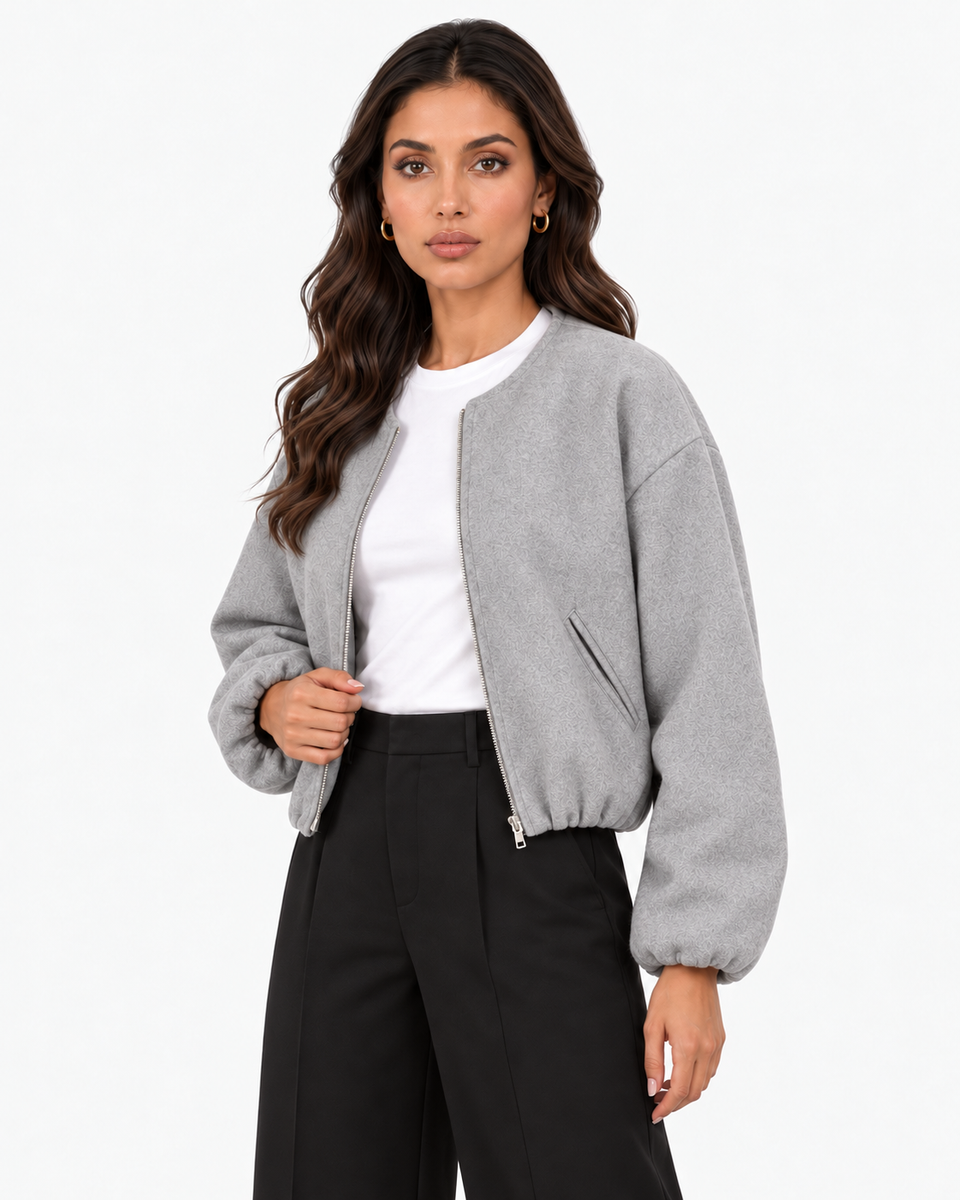 Aveline Gray zip-up baseball jacket, front view worn open