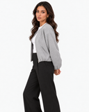 Aveline Gray zip-up baseball jacket, side pose