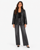 Mariette black leather-effect blazer worn open, full-length front view