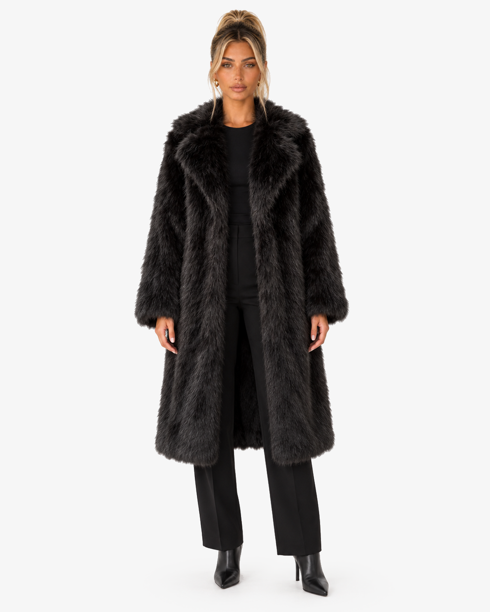 Full-length front view of the Claudine black longline faux-fur coat on a model.