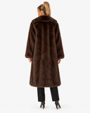Back view of the Claudine dark brown longline faux-fur coat on a model.