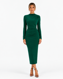 Corinne High-Waist Long-Sleeve Maxi Dress in Dark Green, product view 1