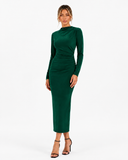 Corinne High-Waist Long-Sleeve Maxi Dress in Dark Green, product view 4