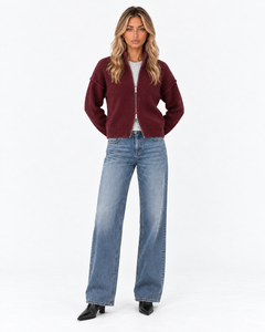 Estelle High Neck Zip Cardigan in dark red – front view