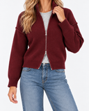 Estelle High Neck Zip Cardigan in dark red – close-up of the collar and two-way zip