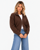 Estelle High Neck Zip Cardigan in brown – three-quarter front view