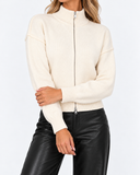 Estelle High Neck Zip Cardigan in white – close-up of the high neck and zip