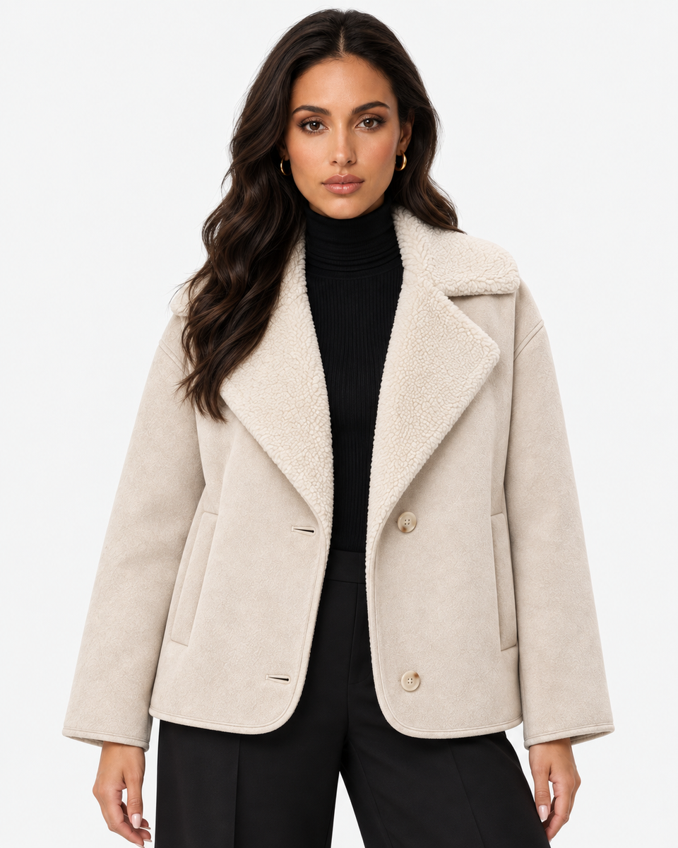 Model wearing the ivory Eveline teddy-lined suede-look jacket open over a black roll-neck top