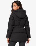 Rear three-quarter view of the Iselle black puffer coat and attached hood