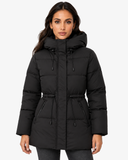 Front view of the Iselle black hooded puffer coat showing the drawstring waist