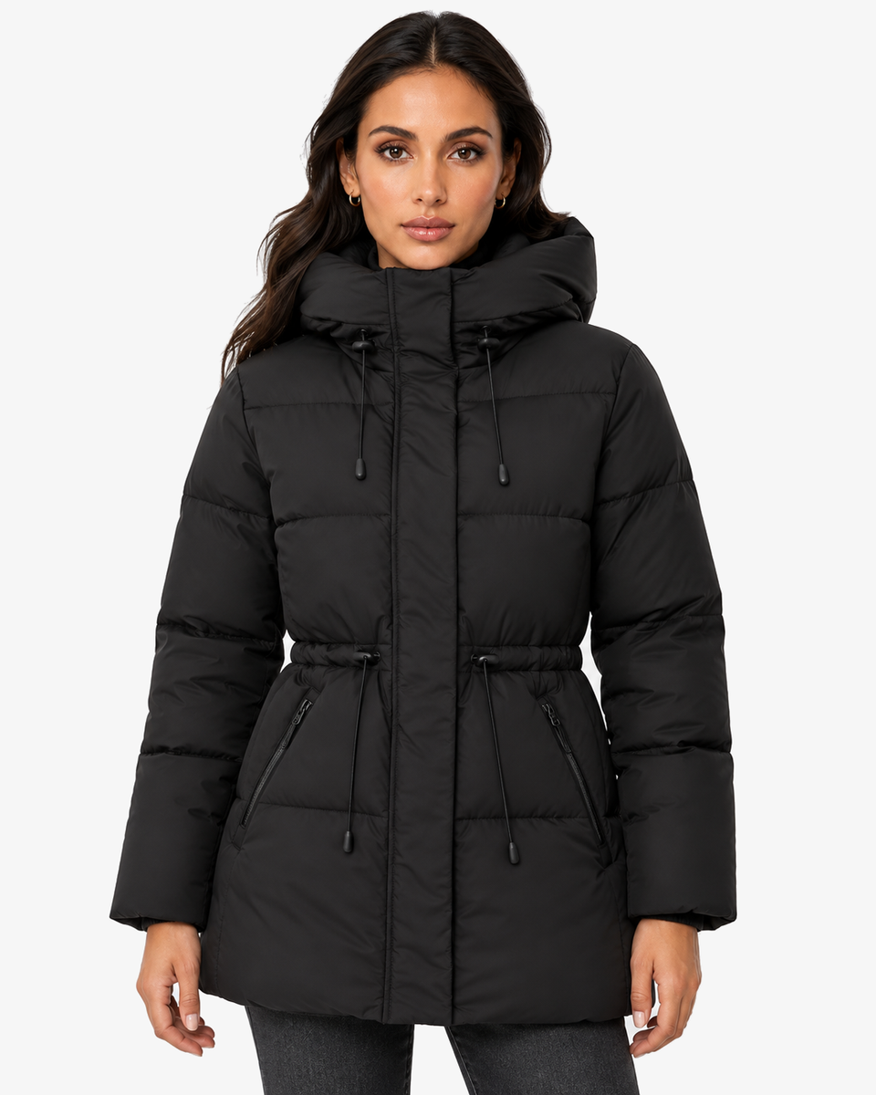 Front view of the Iselle black hooded puffer coat showing the drawstring waist