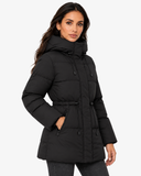 Three-quarter front view of the Iselle black coat with zipped pockets