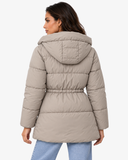 Back view of the Iselle khaki coat showing the hood and gathered waist