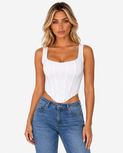 Front view of the Maelle Structured Square Neck Top in White with broad straps, vertical seams and a pointed hem.