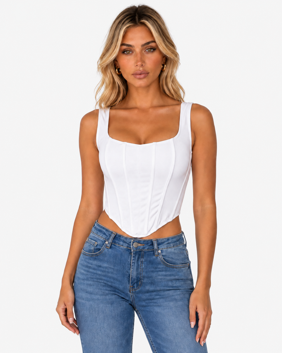 Front view of the Maelle Structured Square Neck Top in White with broad straps, vertical seams and a pointed hem.