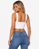 Back view of the Maelle Structured Square Neck Top in White with a low, straight back.