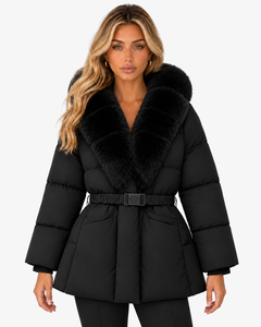 Nerina black faux fur-collar coat with a belted waist, front view