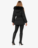 Nerina black padded coat with a hood and belted waist, back view