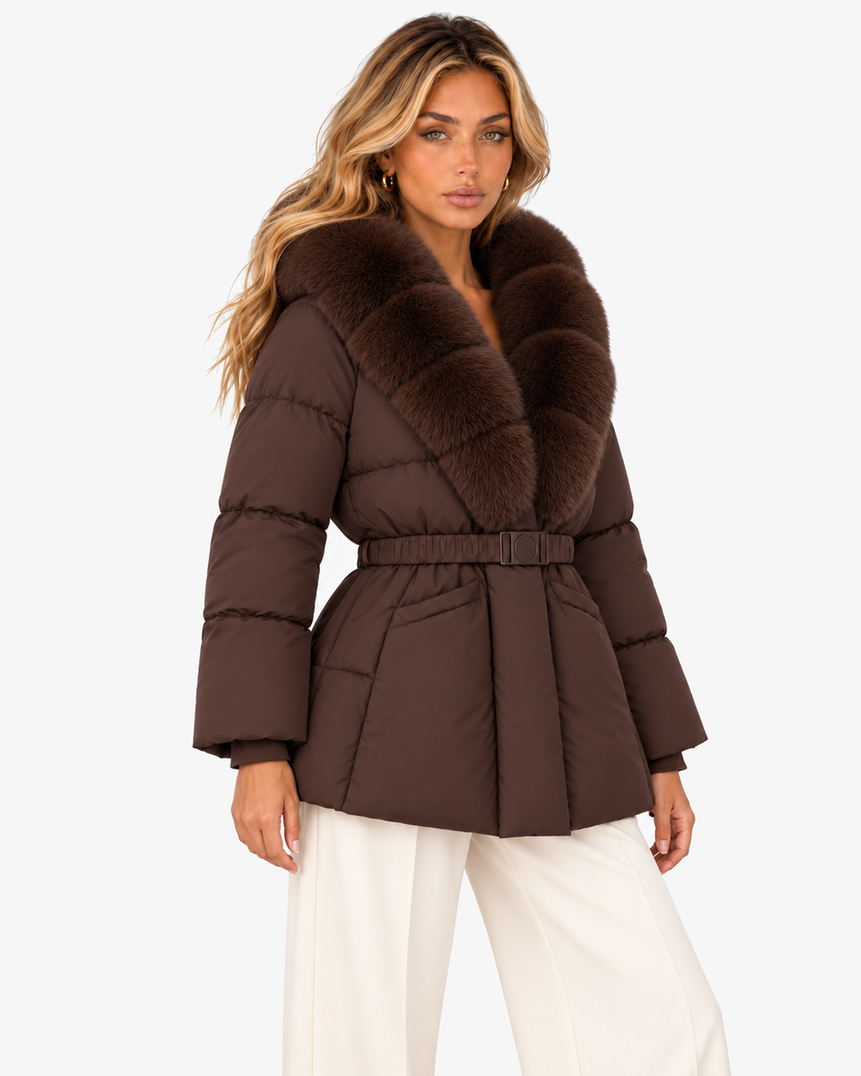 Nerina brown faux fur-collar coat styled with cream trousers, three-quarter view