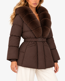 Close-up of the brown Nerina coat showing the faux fur collar and belted waist