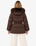 Back view of the brown Nerina padded coat showing the hood and belted waist