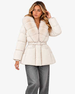 Nerina white faux fur-collar coat styled with grey jeans, front view