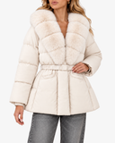 Close-up of the white Nerina coat showing the faux fur collar, padding and belt