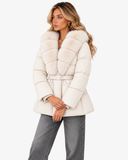 Nerina white faux fur-collar coat with a belted waist, side view